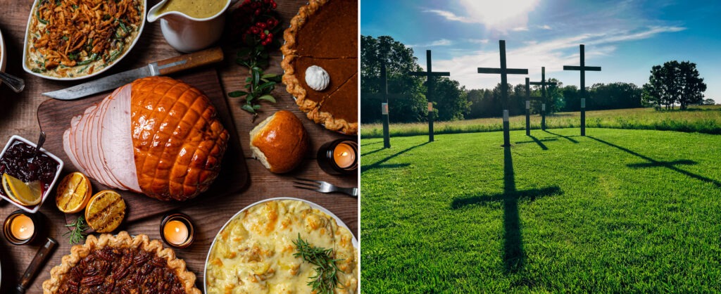 Food on a table next to a field of crosses