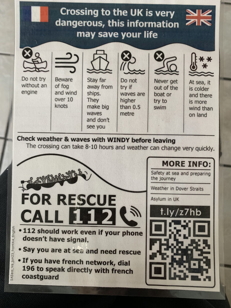 An example of a safety card developed by a Calais volunteer organization in an effort to reduce the death toll of immigrants crossing the English Channel.