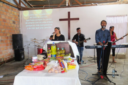 Food on the altar Mar. 1 at the Mennonite church in the Rumococha neighborhood of Iquitos