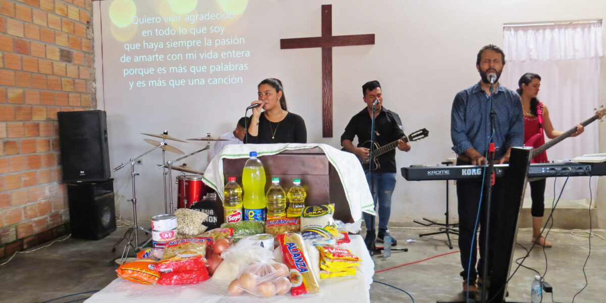 Food on the altar Mar. 1 at the Mennonite church in the Rumococha neighborhood of Iquitos