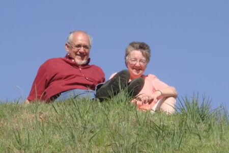 Larry and Maxine Miller sit together atop the Nanih Waiya Mound in Mississippi. Photo provided.