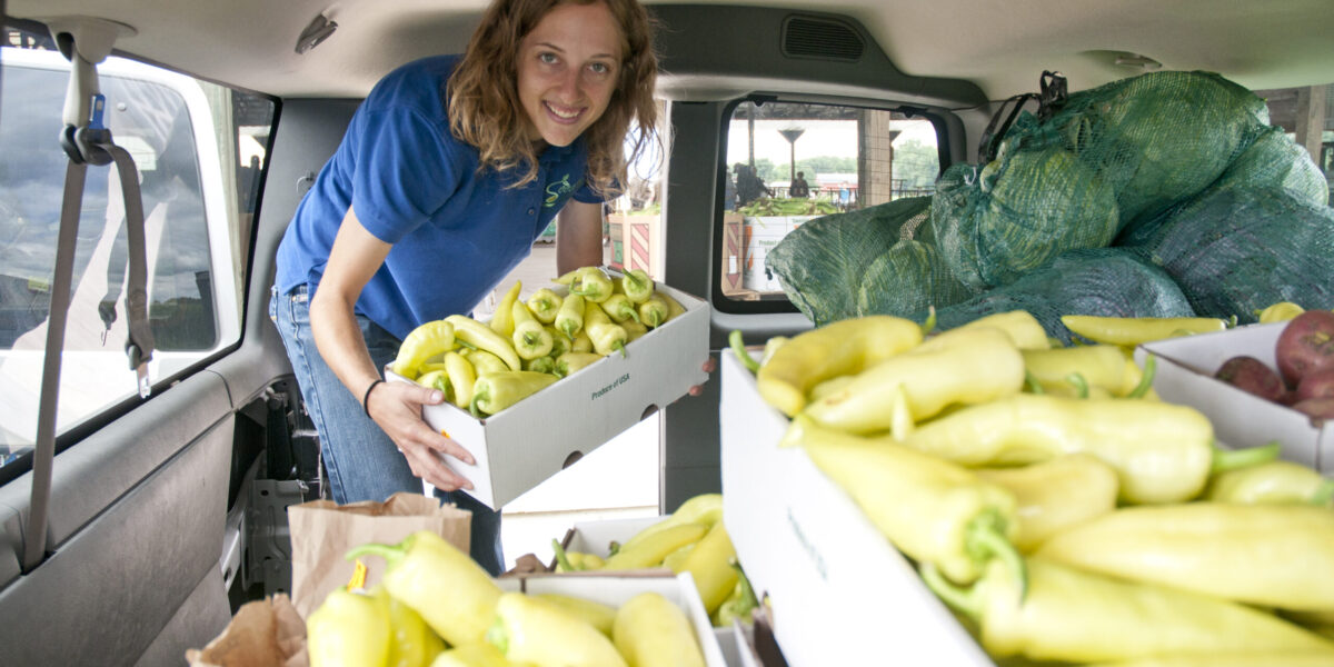 Katie Jantzen helps fill a van with fresh vegetables from a produce auction in Elkhart