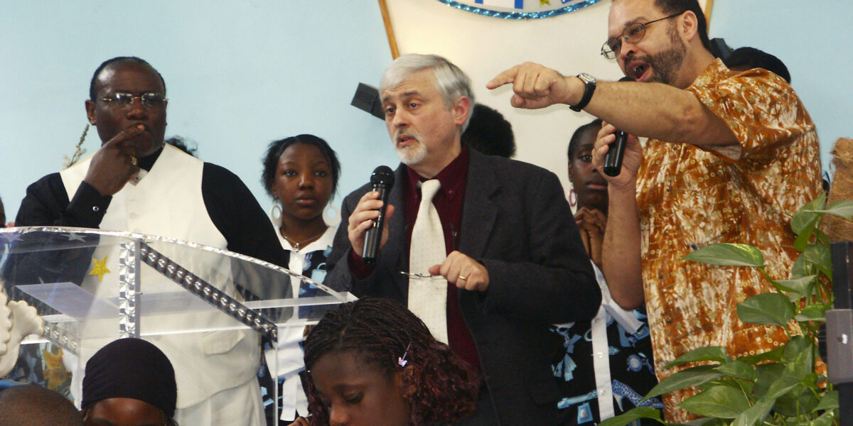 ​Stanley Green (right) delivered greetings and proclaimed our oneness in Christ to the Assemblée Evangélique Le Rocher (Evangelical Church of the Rock)