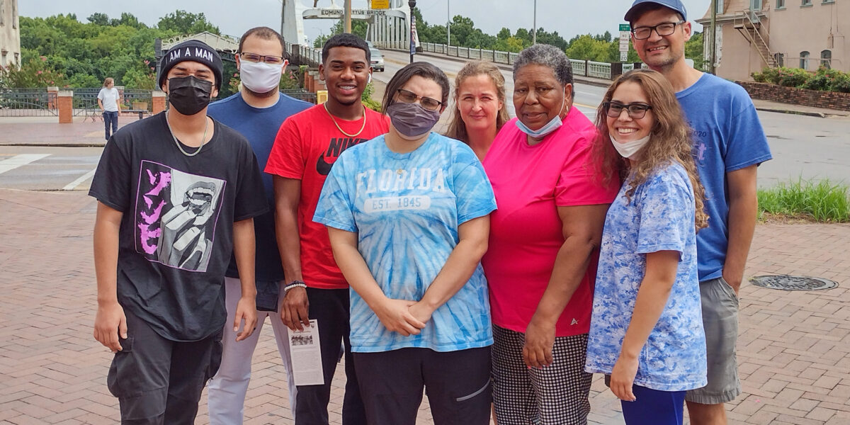 The Youth Venture Civil Rights Learning Tour team in front of the Edmund Pettus Bridge in Selma