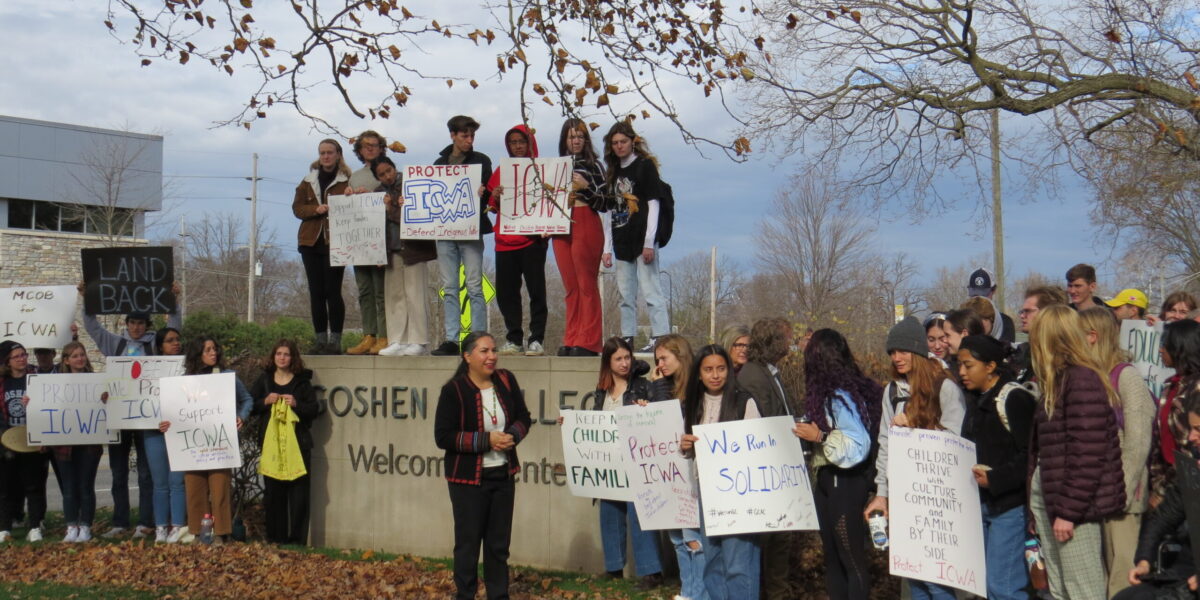 ​Mission Network board member Sarah Augustine (front left) supports the protection of the Indian Child Welfare Act (ICWA) with the Goshen College community