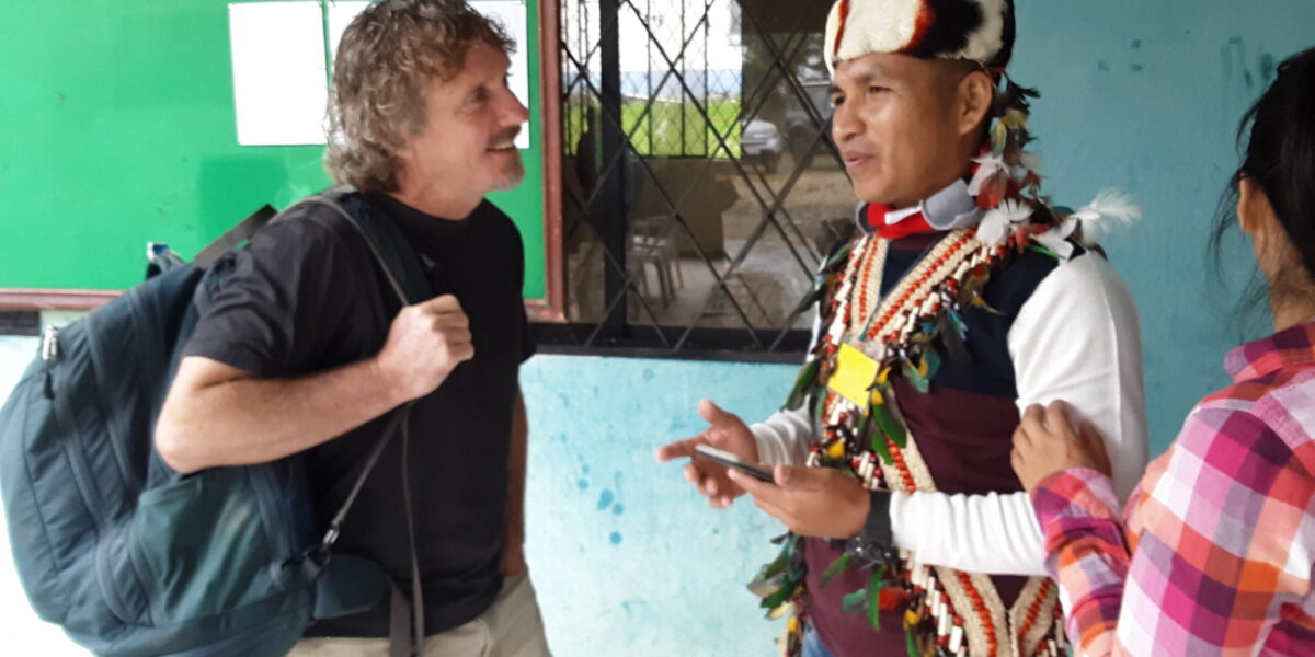 ​Clever Mashiant (right) of the Shuar indigenous group in the Ecuadorian Amazon reflects with Jerrell Ross Richer on following Christ in ways that are authentic in a multicultural context. Photo by Jane Ross Richer. 