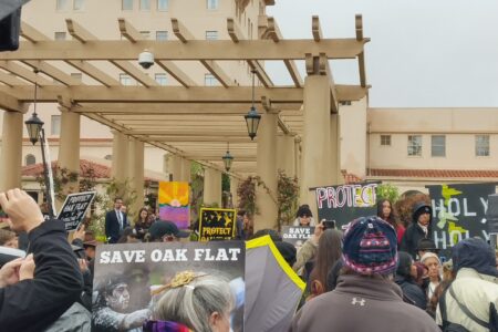 Members of Apache Stronghold and the Coalition for Dismantling the Doctrine of Discovery hold a prayer gathering.