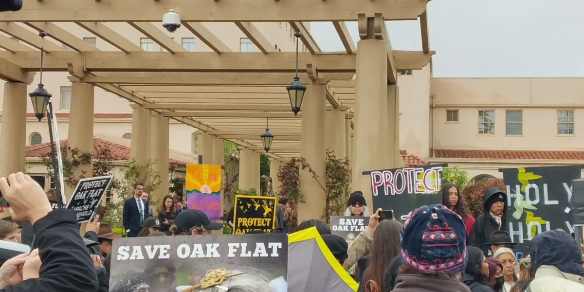 Members of Apache Stronghold and the Coalition for Dismantling the Doctrine of Discovery hold a prayer gathering.