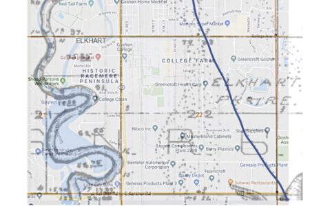 The main portion of this map is Section 22 of Elkhart Township. The Elkhart River is on the left side of the overlay. The blue line highlights the trail. Map courtesy of Google. Overlay courtesy of Luke Gascho.