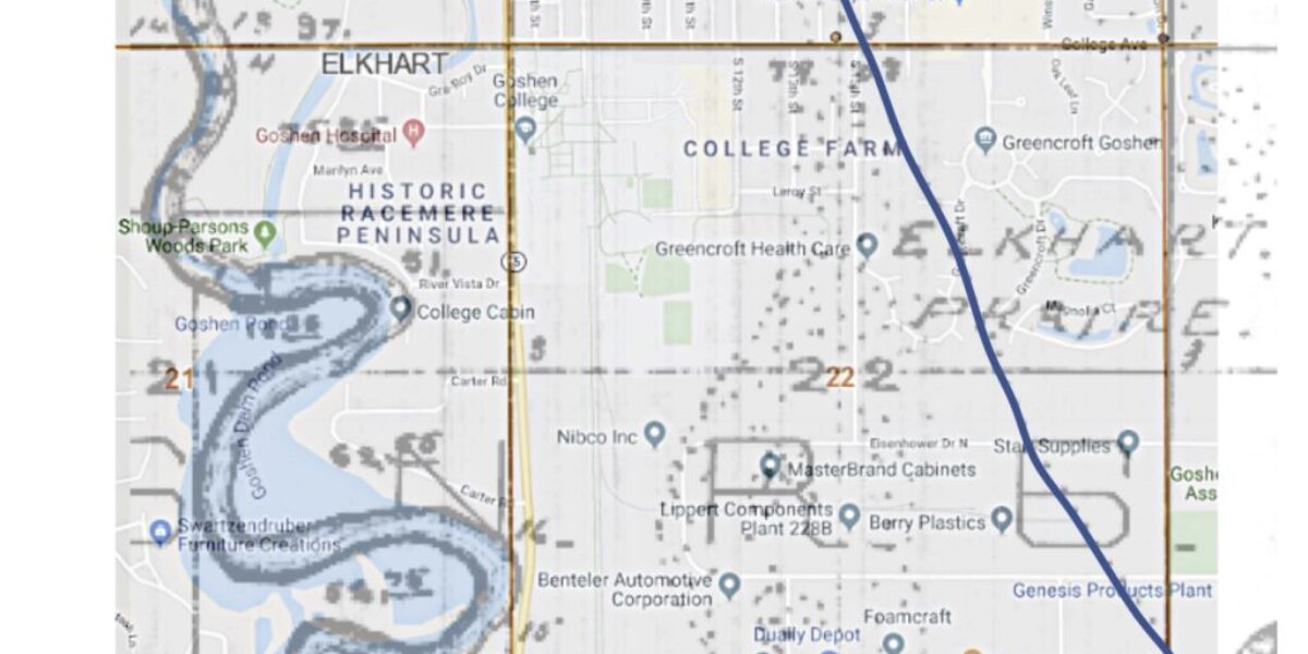 The main portion of this map is Section 22 of Elkhart Township. The Elkhart River is on the left side of the overlay. The blue line highlights the trail. Map courtesy of Google. Overlay courtesy of Luke Gascho.