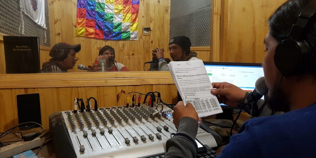 ​David Díaz operates the console at the Toba Qom radio station located at the Centro Educativo Saỹaten (Qom Knowledge Educational Center) in Castelli