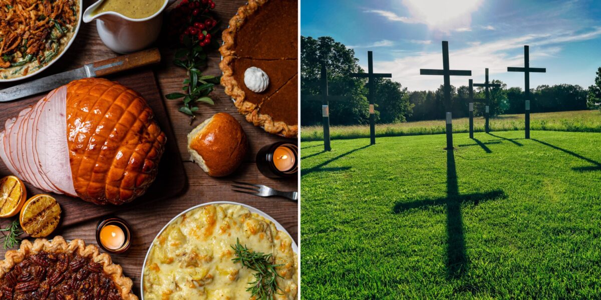 Food on a table next to a field of crosses