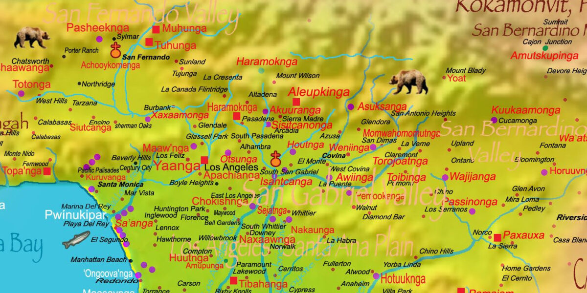 ​Map with the original names and locations of each of tribal community and their sacred sites overlaid with the current map of southern California. Photo provided.  